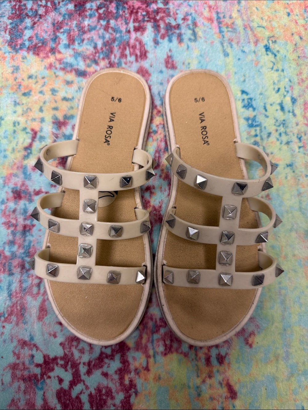 Beige Studded Slide Sandals - Women's